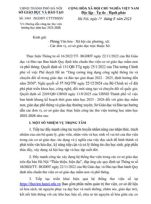 Hướng dẫn công tác thư viện   trường học năm học 2025-2026