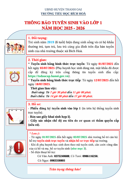 THÔNG BÁO TUYỂN SINH VÀO LỚP 1 NĂM HỌC 2025-2026